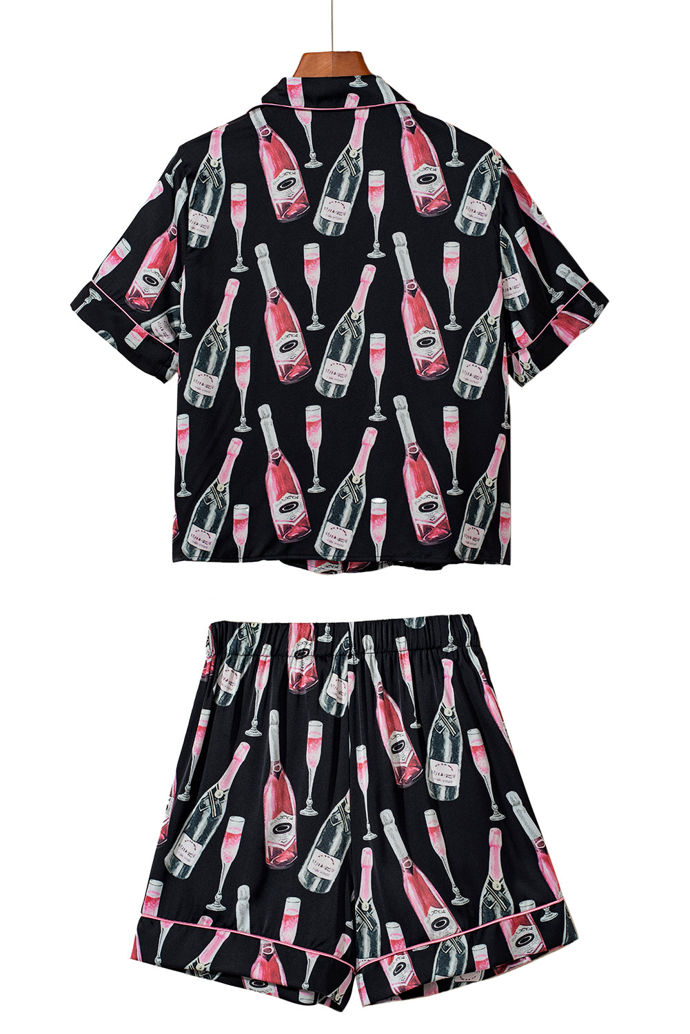 Ensemble de pyjama soyeux à manches courtes et imprimé champagne noir-A WOMAN WE LOVE