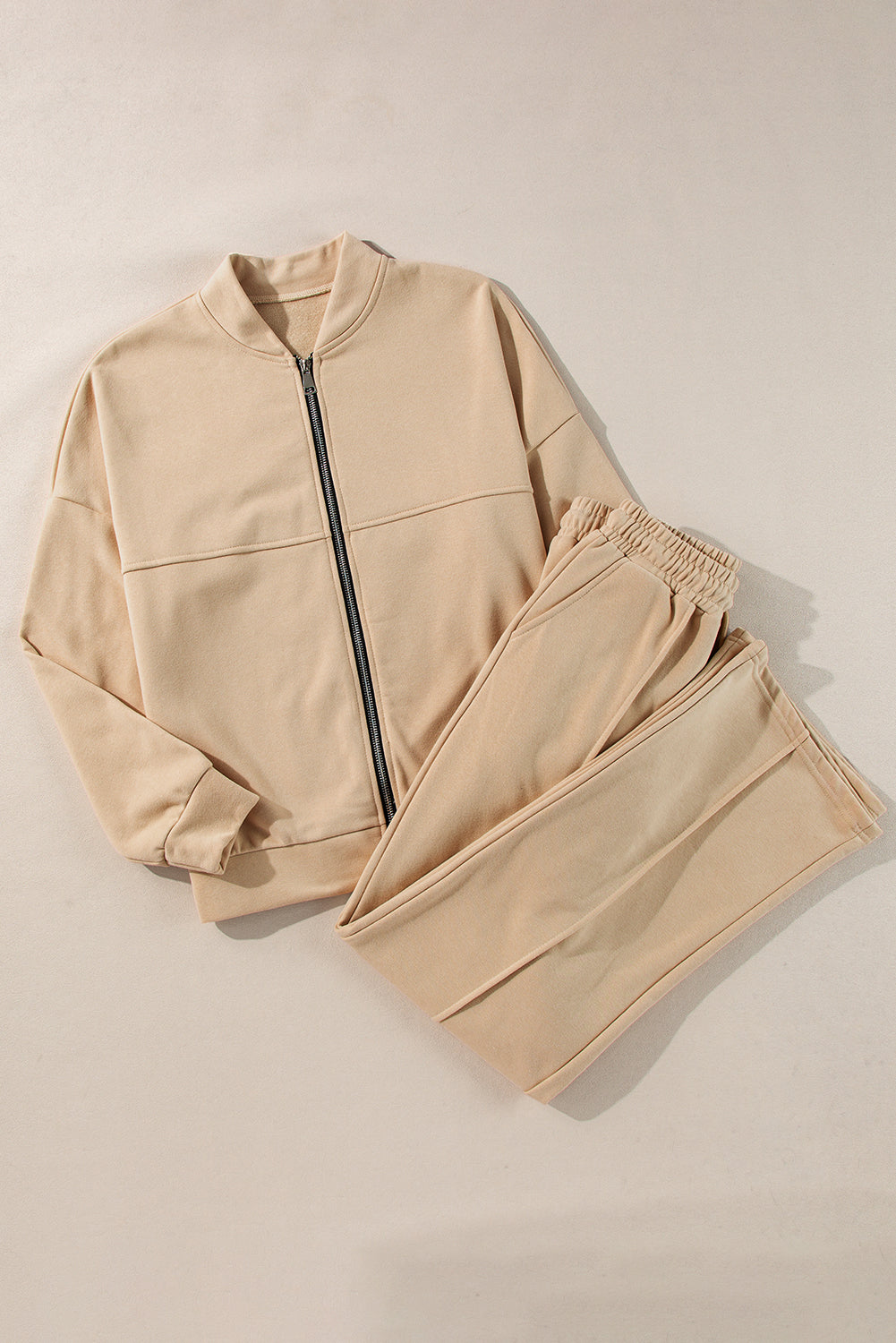 Ensemble veste zippée à coutures unies et pantalon à taille avec cordon de serrage abricot-A WOMAN WE LOVE