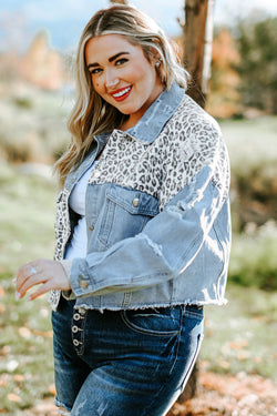 Plus Size Blue Leopard Ripped Short Denim Jacket