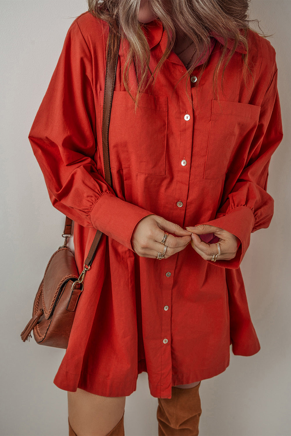 Tomato Red Bishop Sleeve Button Down Pleated Shirt Mini Dress