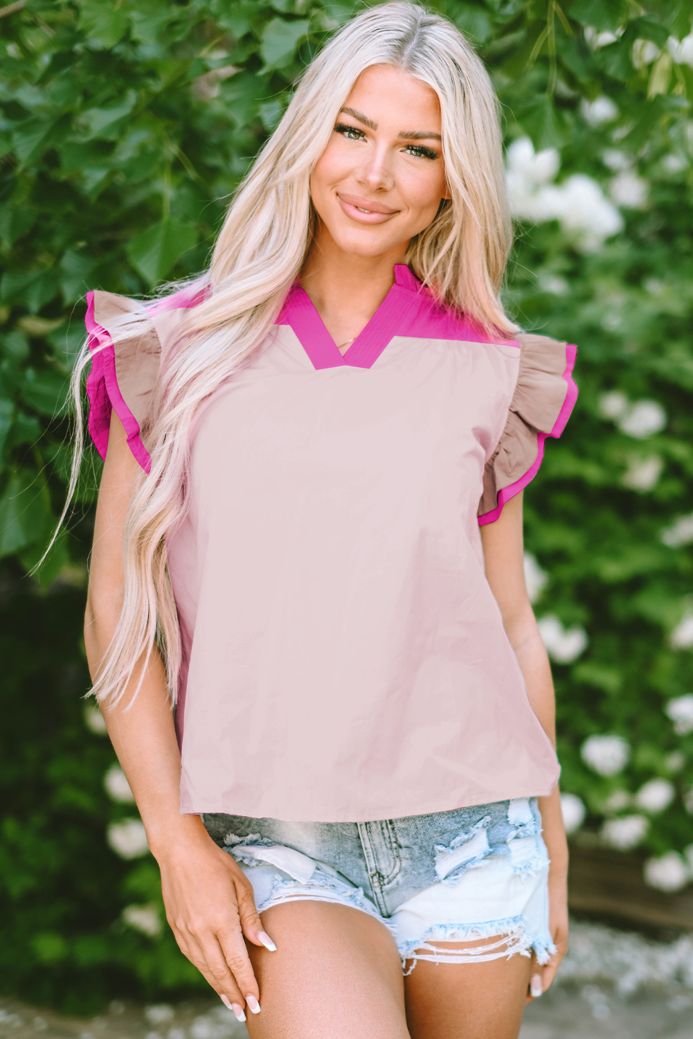 Pink Colorblock Ruffenhülse Frill gegen Nackenbluse