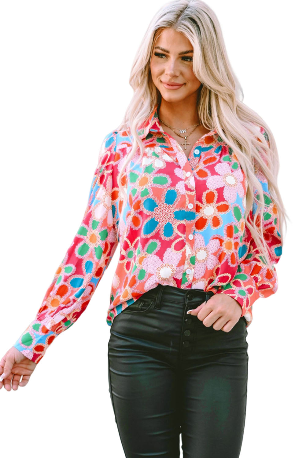 Camicia manica a bolle a stampa floreale multicolore