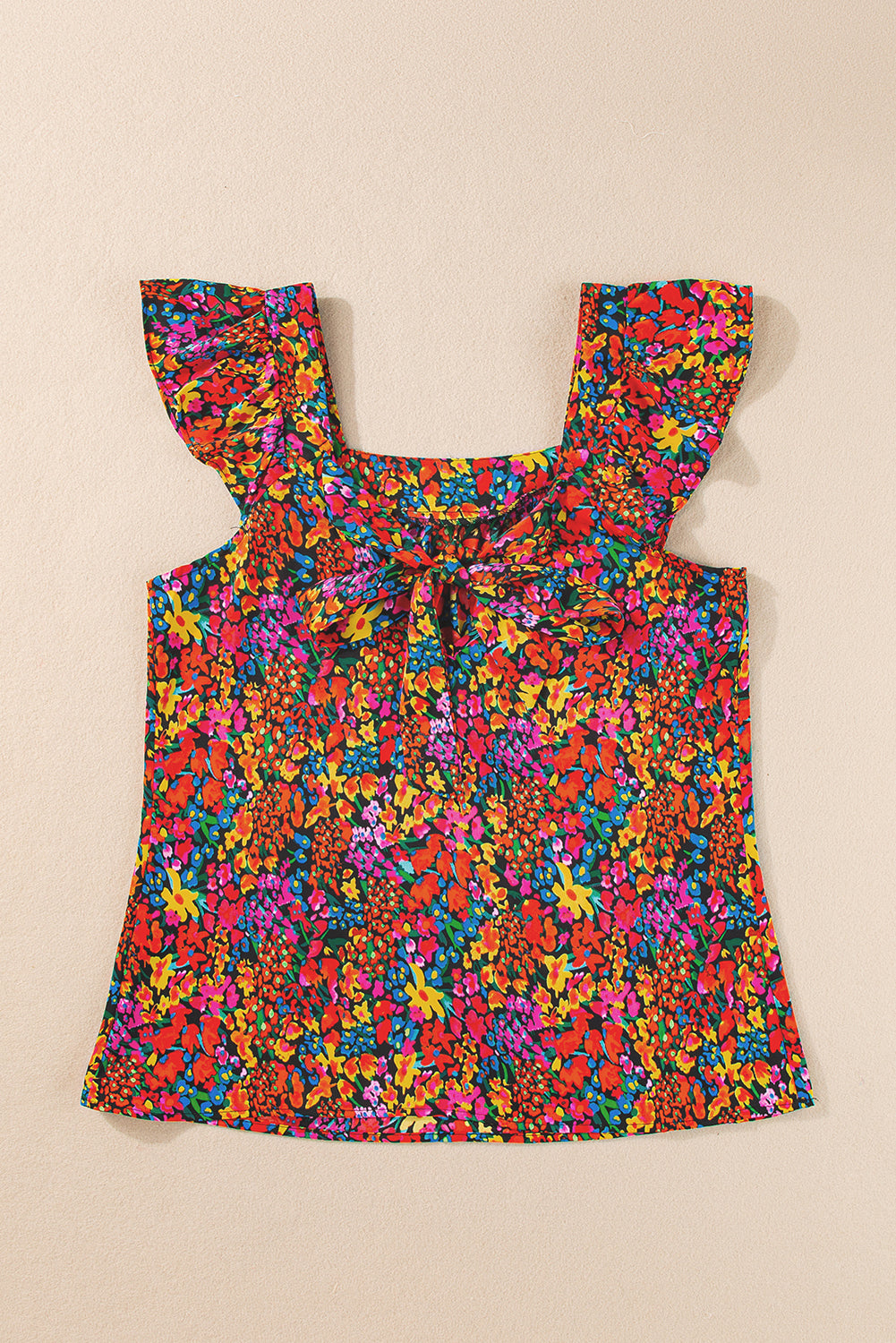 Manga multicolor de estampado floral cuello cuadrado nudo espalda blusa