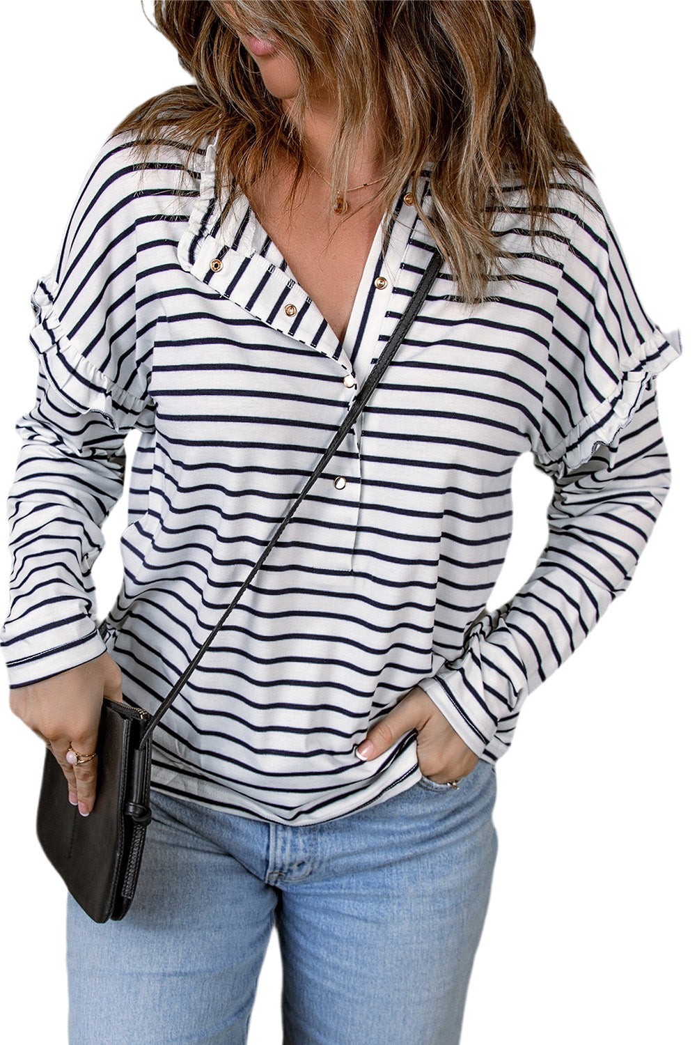 White Striped Print Ruffled Buttoned Long Sleeve Top