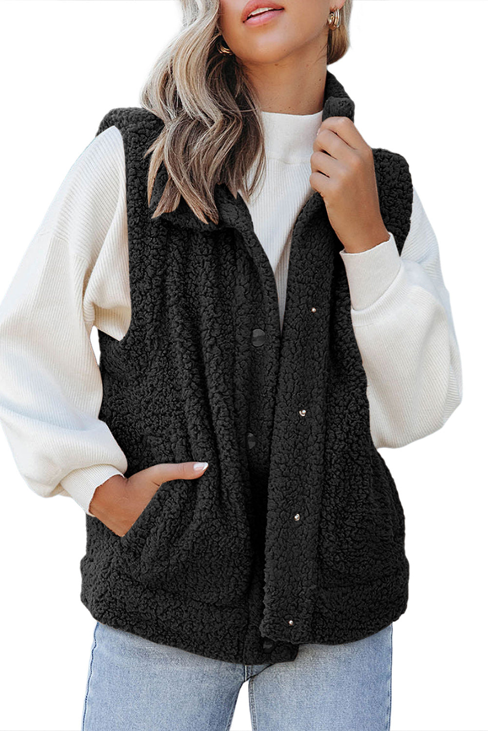 Veste gilet sherpa noire avec poches et boutons-pression