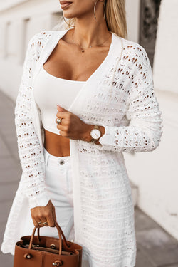 White open knit long sleeve cardigan with wavy edge