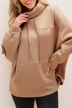 Light beige turtleneck sweatshirt with dolman sleeves and drawstring