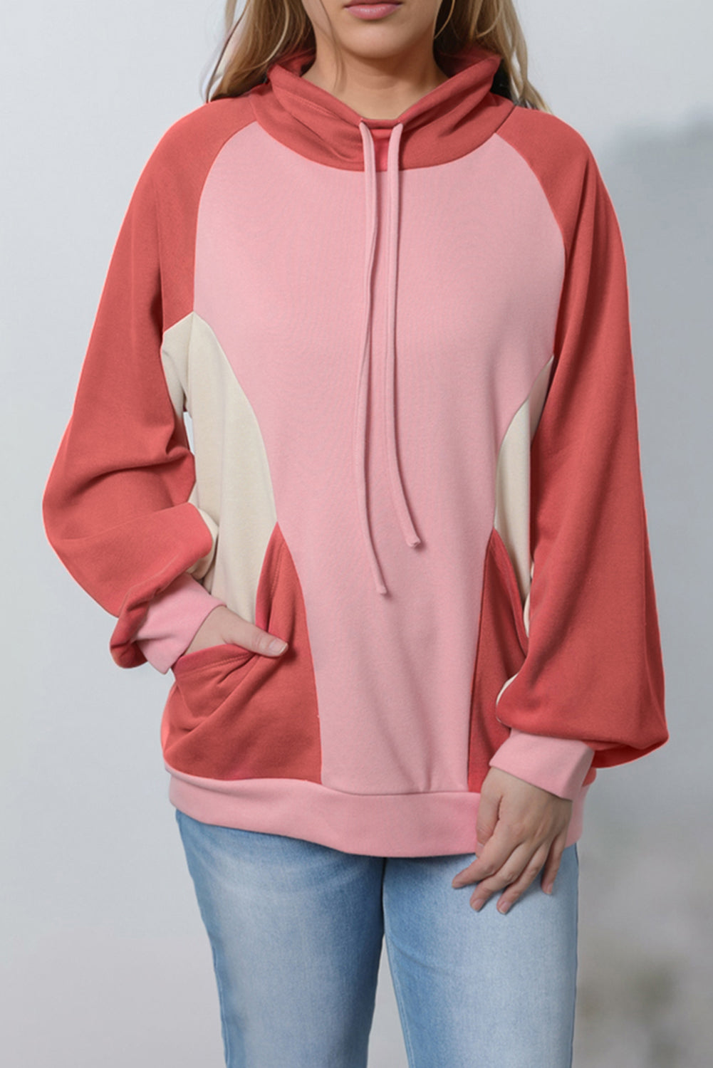 Sudadera de mechón de bolsillo rosa con cordón