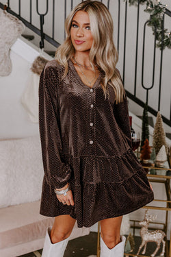 Dark Brown Textured Velvet V-Neck Straight Dress