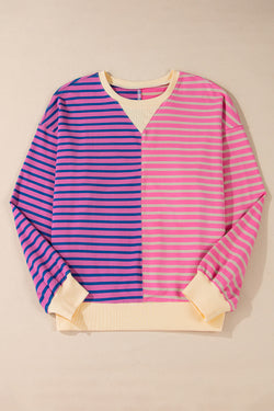 Pink Striped Oversized Sweatshirt Casual Stripe Color Block Drop Shoulder Sweatshirt