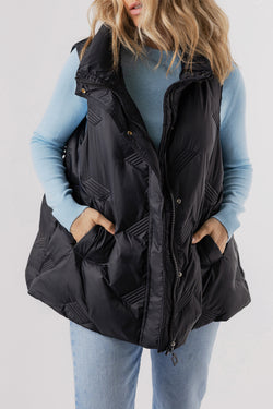 Black quilted jacket with high collar and zipper