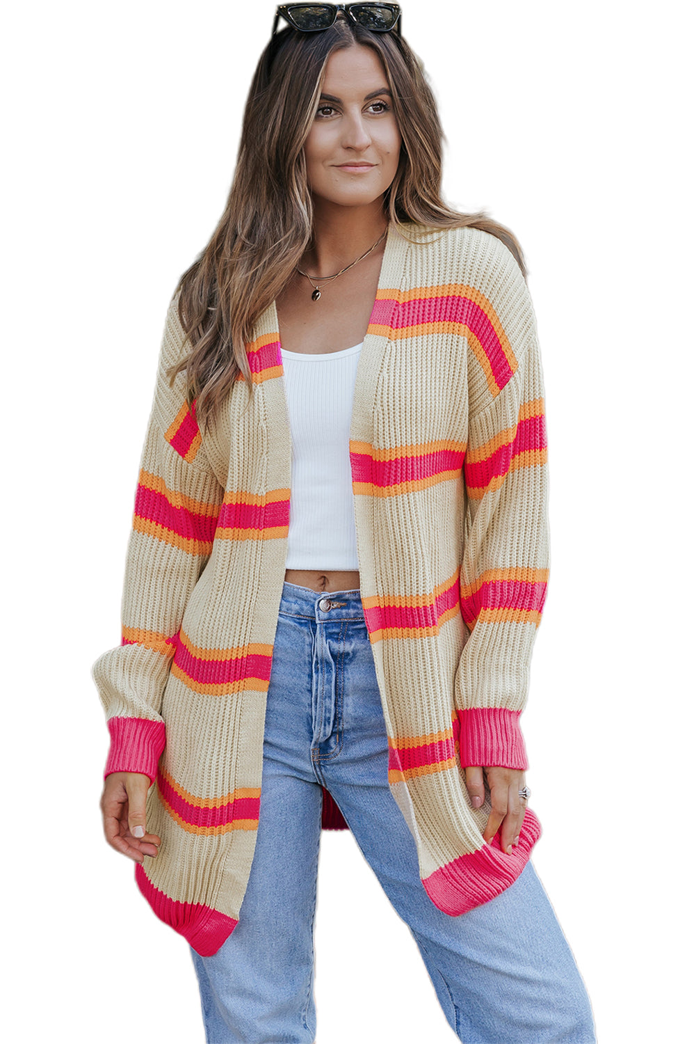 Stripe Printed Ribbed Long Knitted Cardigan