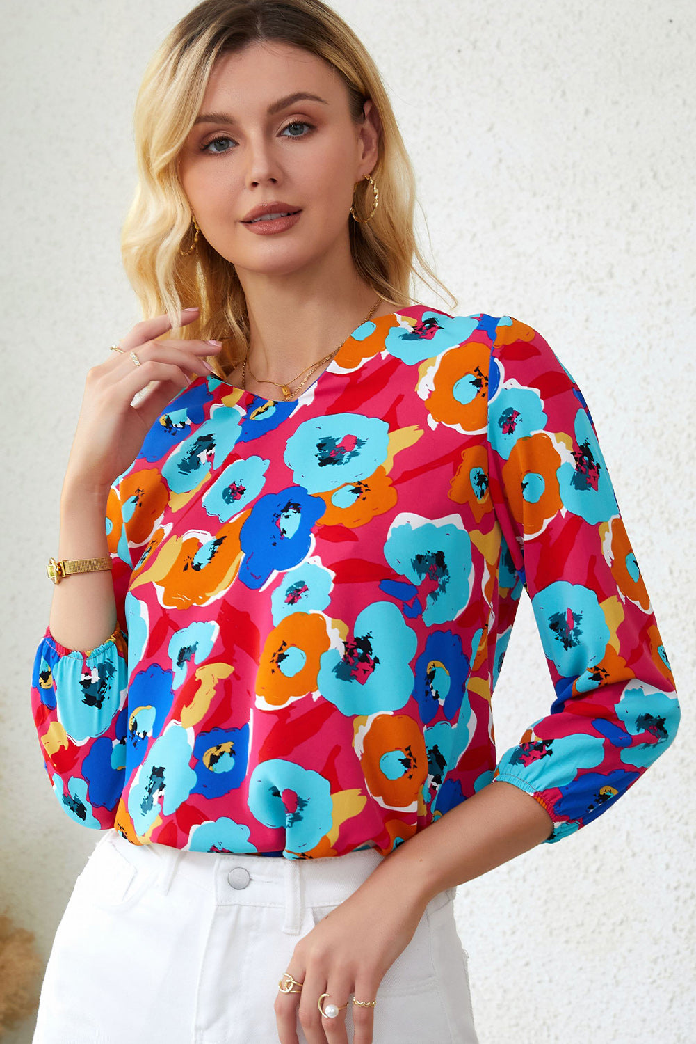 3/4 sleeve blouse and pink multicolored floral print collar