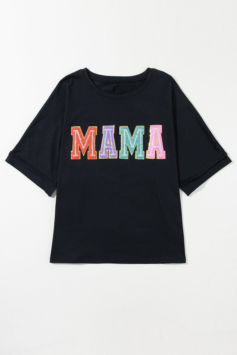 Camiseta de cuello de la tripulación parcheada de Mama Chenille Black Mama Chenille