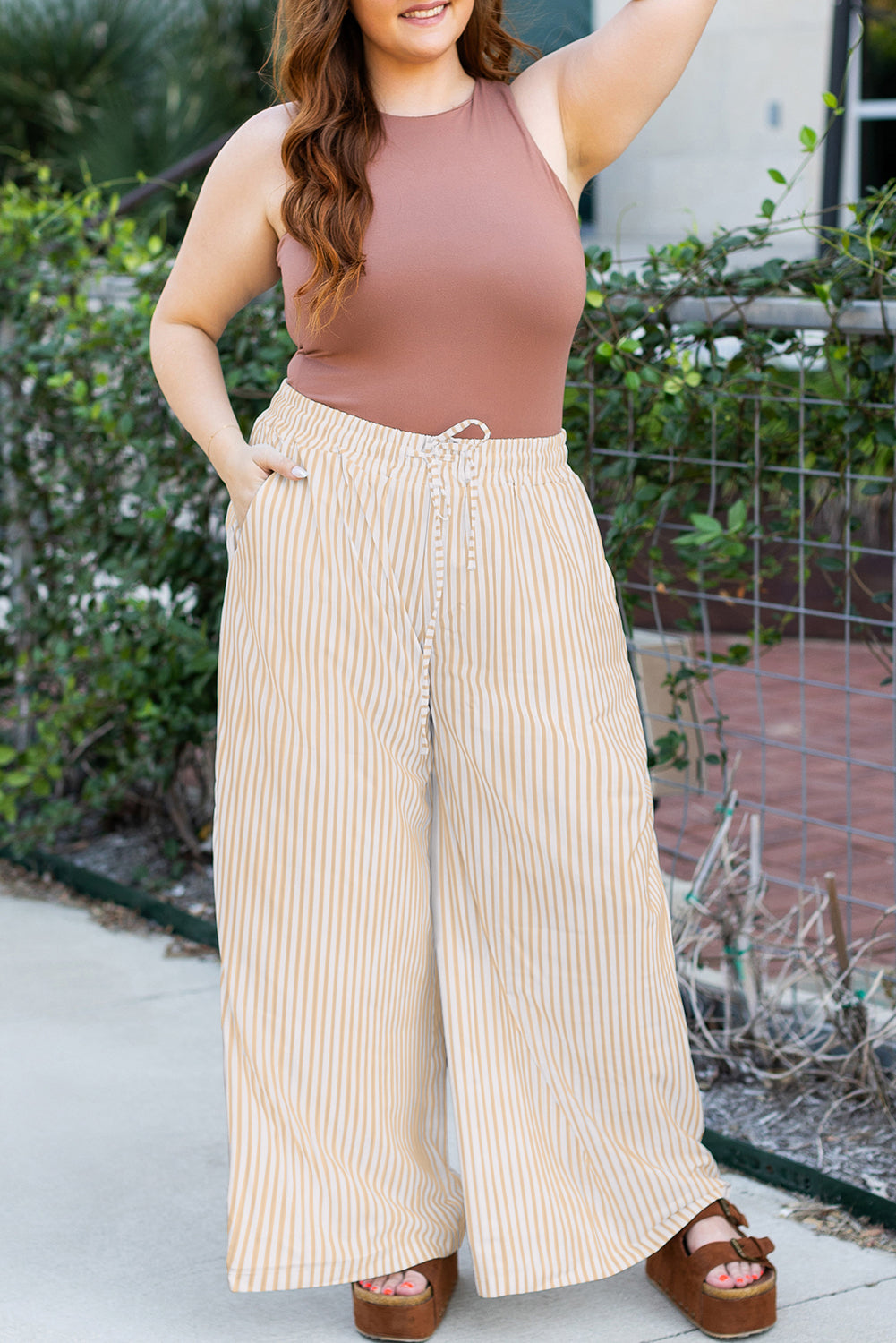 Plus Size Khaki Striped High Waist Drawstring Wide Leg Pants