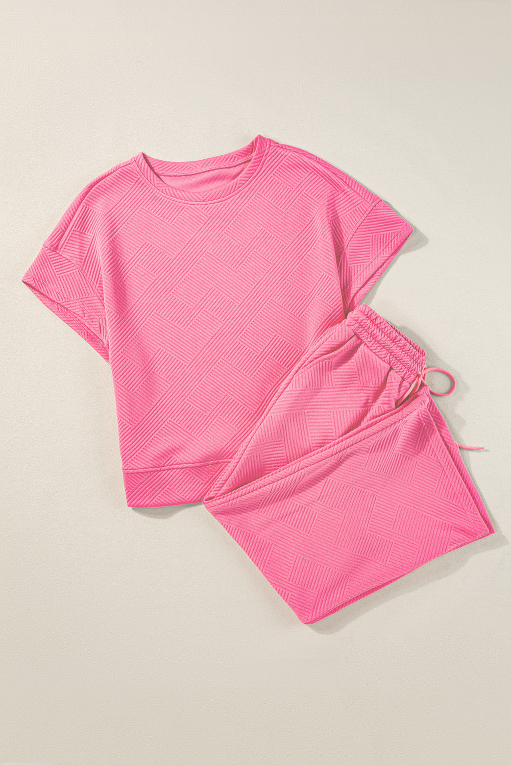 Strawberry Pink Textured Loose T-Shirt and Drawstring Pants Set