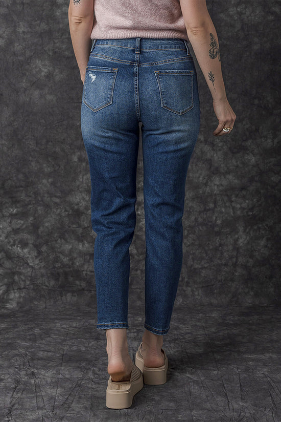 Jean skinny taille haute bleu effet vieilli avec braguette boutonnée