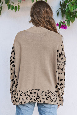 Khaki turtleneck sweater with slits, mixed pattern, turkey leopard pattern and slits