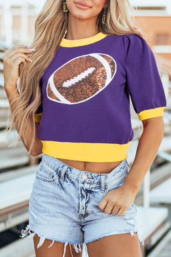 Short sleeve sweater with rugby purple sequins rugby colored blocks