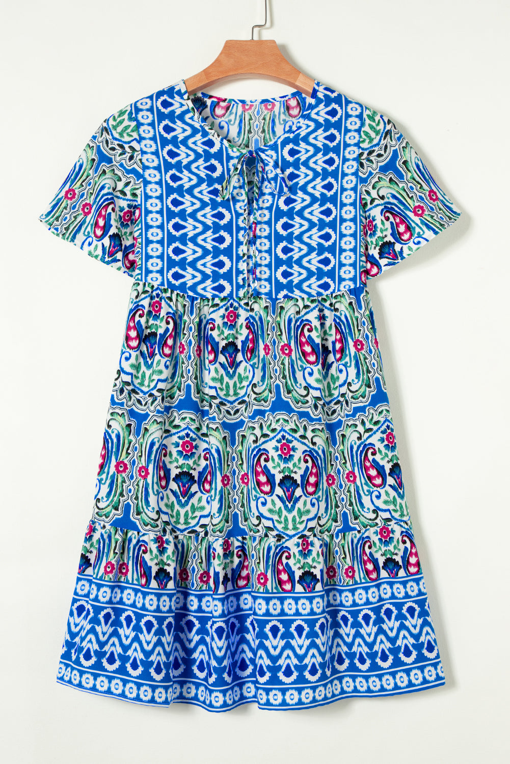 Sky Blue Bohemian estampado Tie Neck Ruffle Dem, Vestido corto