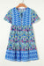 Sky blue bohemian print short dress with knotted neck and ruffled hem