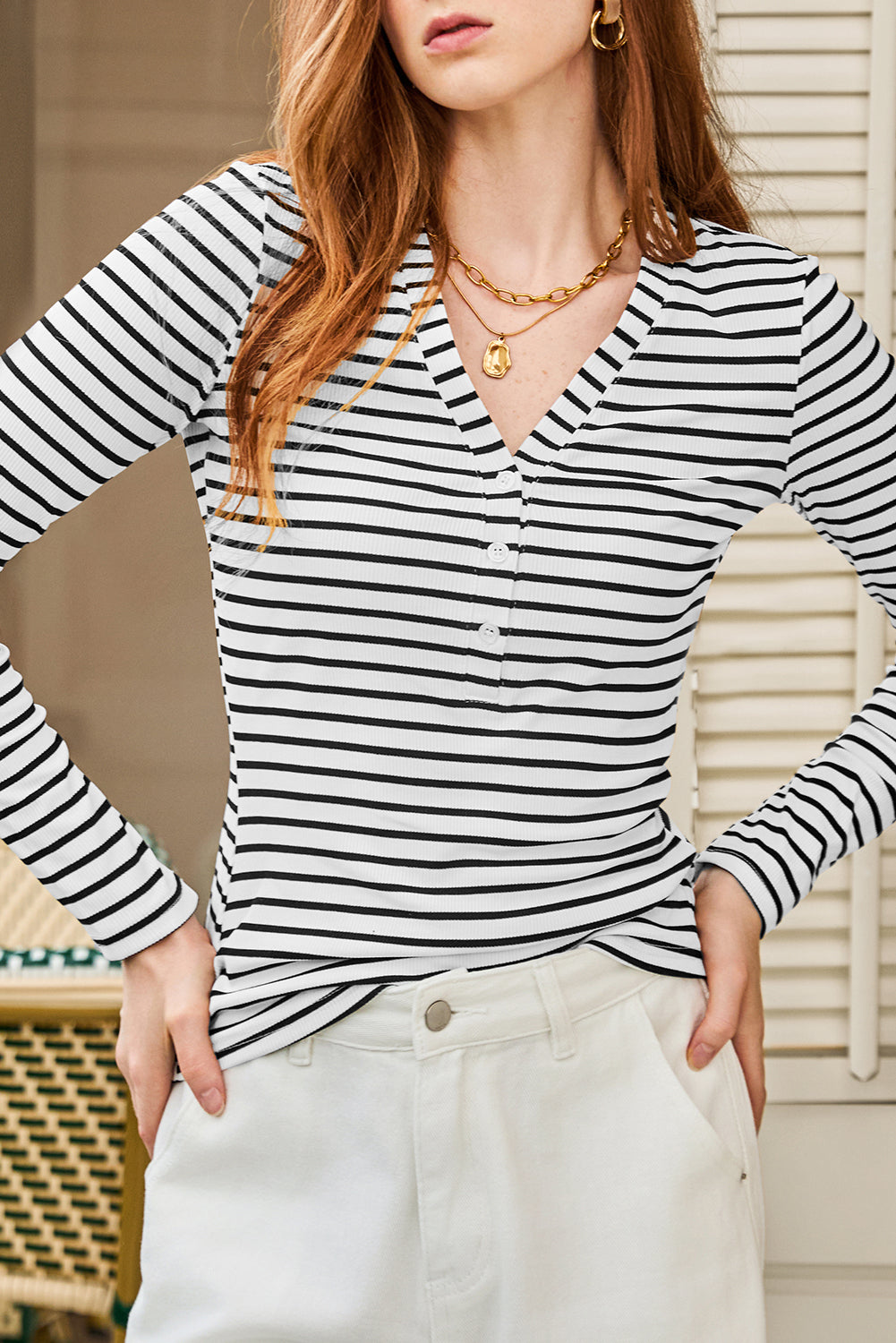 White Striped Button Down V-Neck Long Sleeve T-Shirt