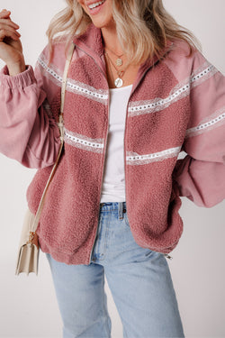 Rose: chaqueta con cremallera en sherpa Patchwork en encaje con muñecas elásticas y cremallera