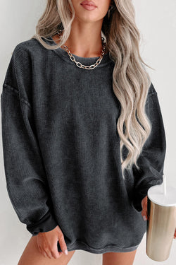 Black plain ribbed knit crew neck sweatshirt