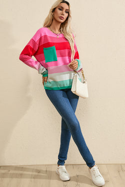 Pull shoulder sweater and knitted pink pocket pocket with pink stripes