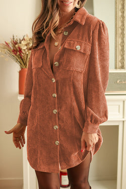 Khaki Corduroy Long Sleeve Button Down Shirt Dress