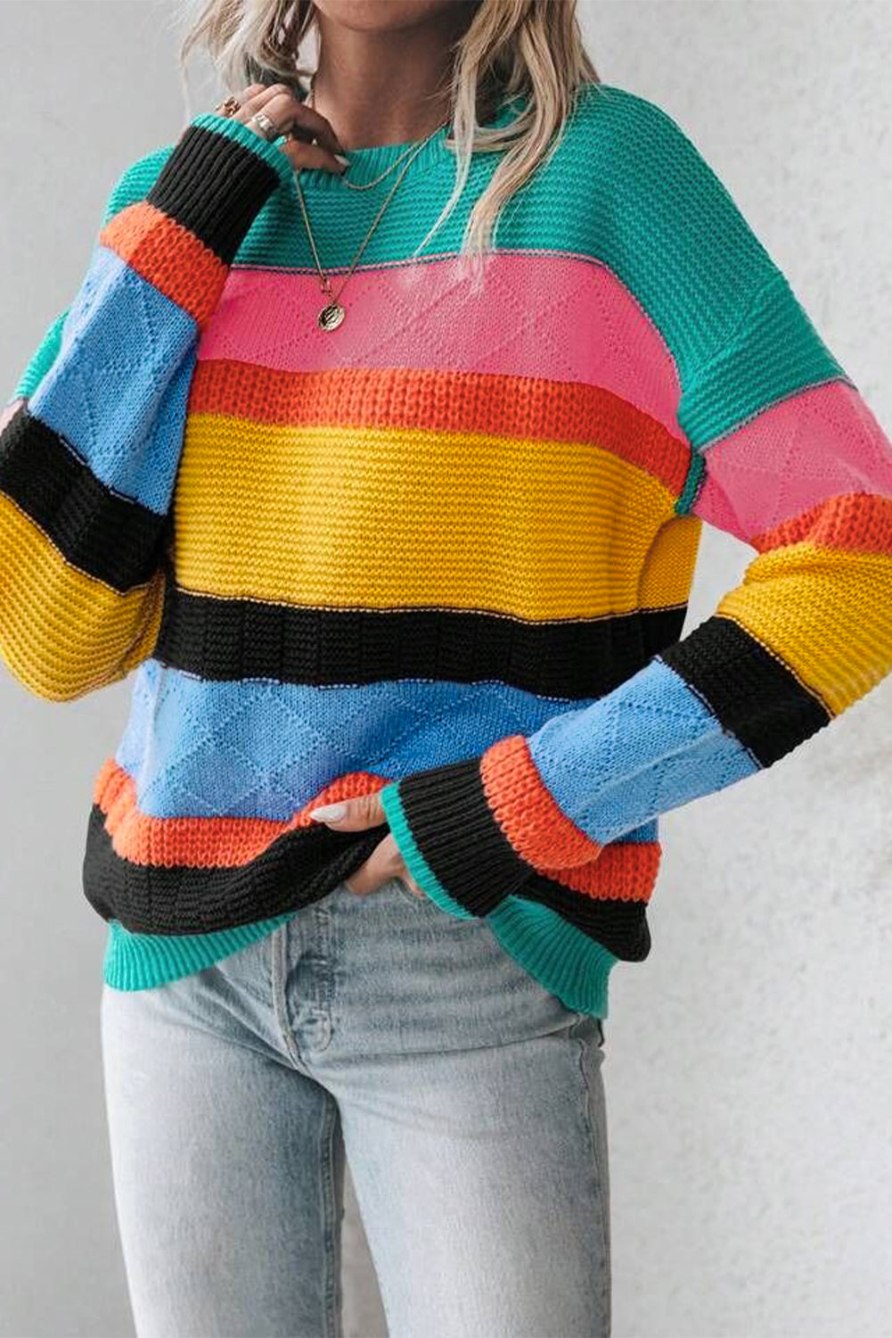 Yellow sweater with drooping shoulders and mixed textures color block