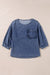 Sky blue denim blouse with 3/4 sleeves and ruffled pocket pocket