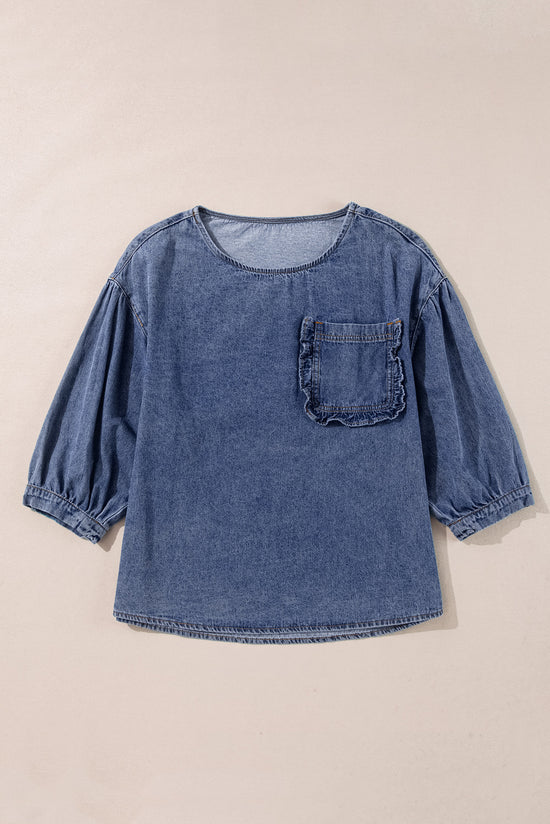 Sky blue denim blouse with 3/4 sleeves and ruffled pocket pocket