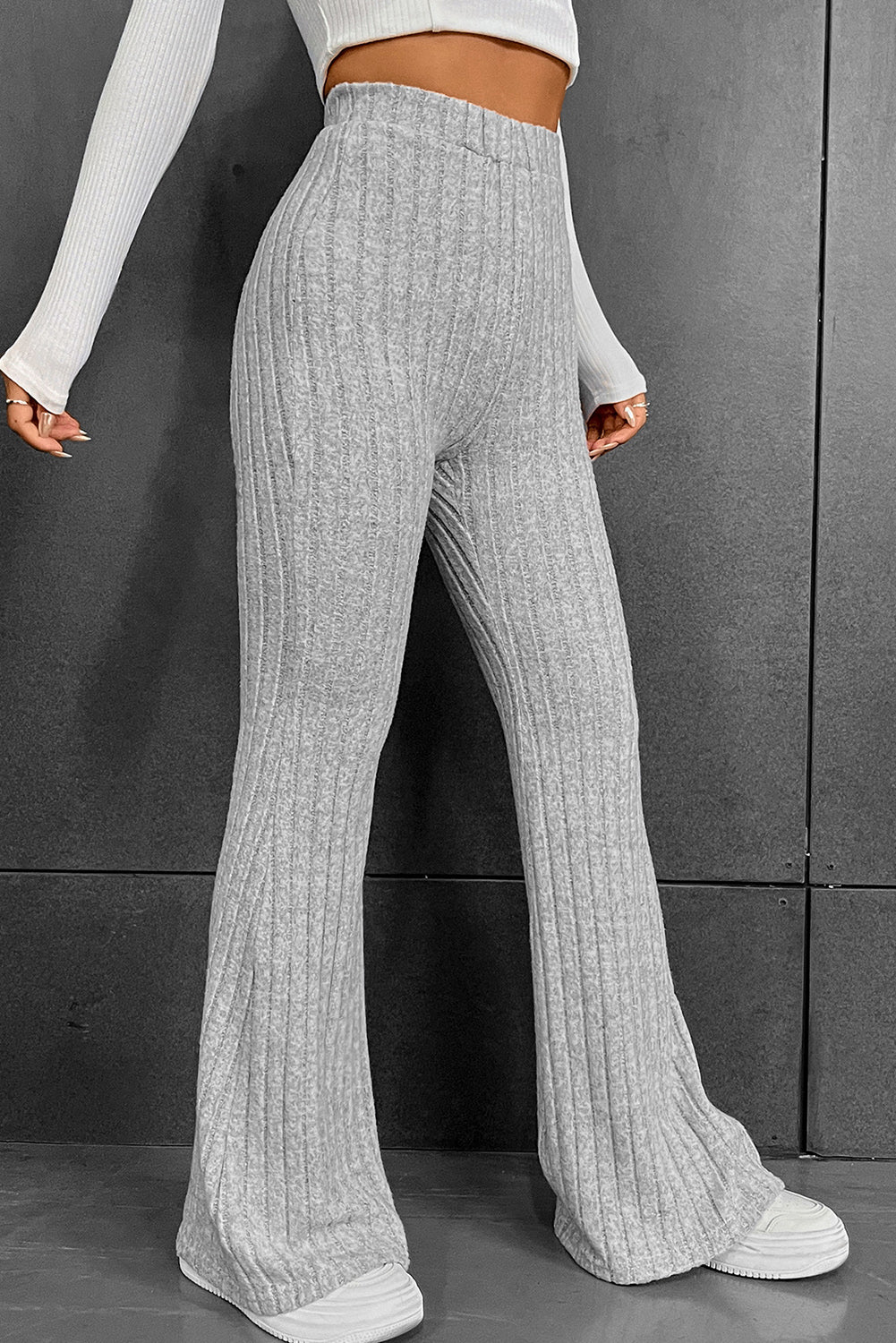 Solid Color Grey High Waisted Ribbed Flare Pants