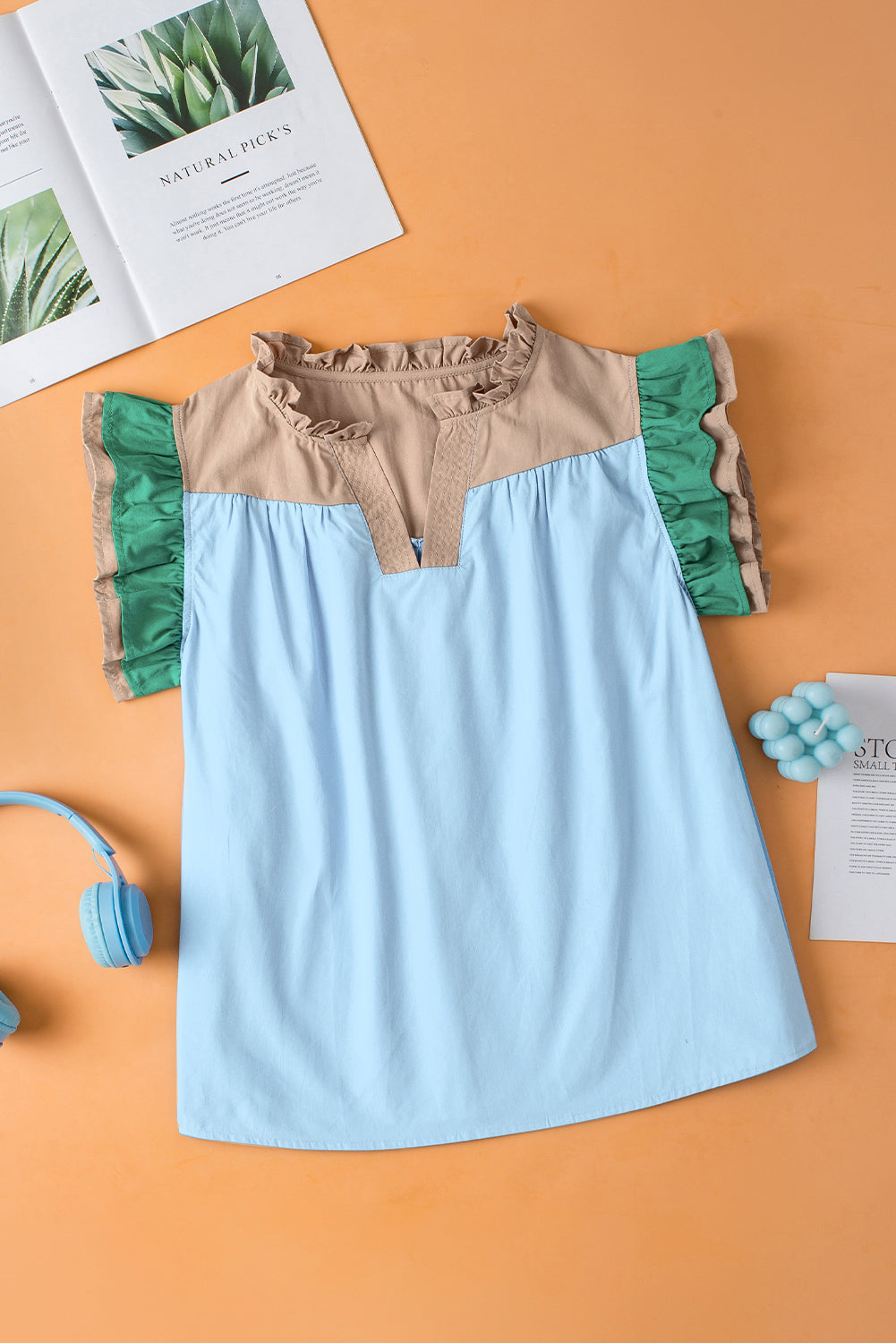 Mist Blue Colorblock Ruffled Sleeve Frill V Neck Blouse