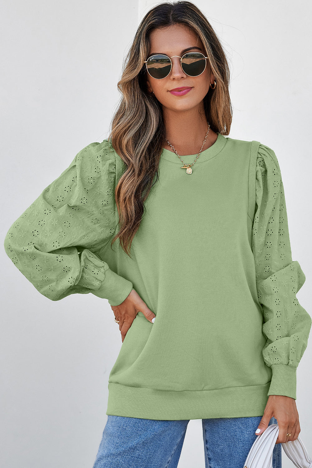 Sweat-shirt à col rond et manches patchwork uni vert brume