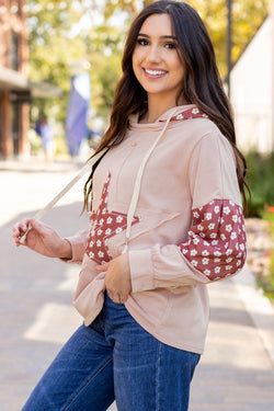 Star Pattern Drawstring Hoodie with Delicate Floral Patchwork