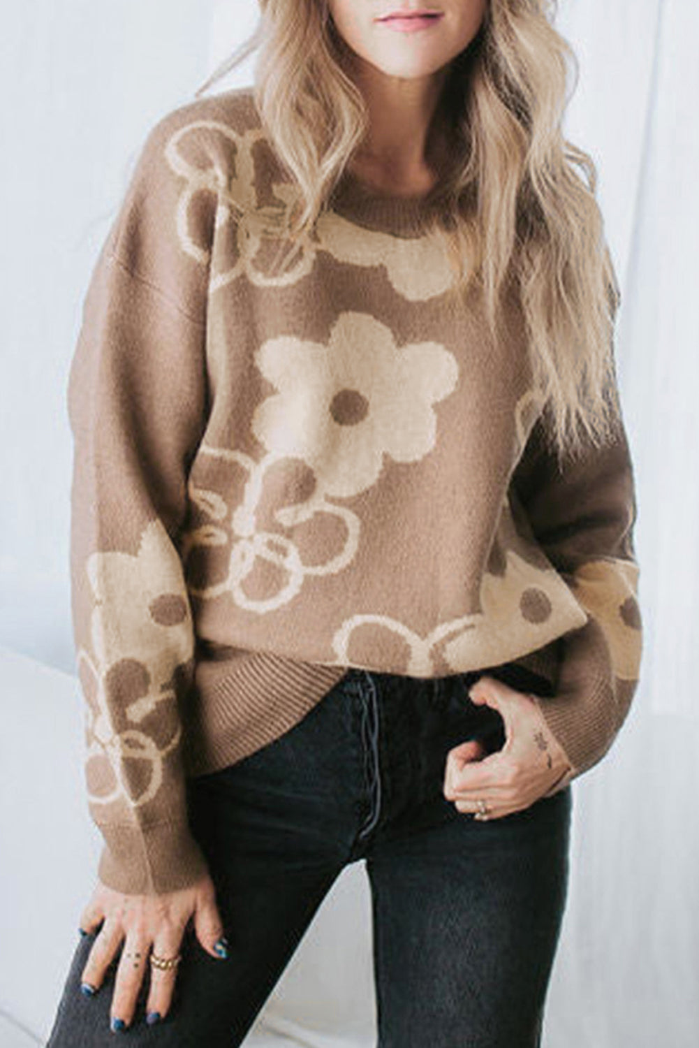 Camel - Floral Drop Shoulder Ribbed Trim Sweater