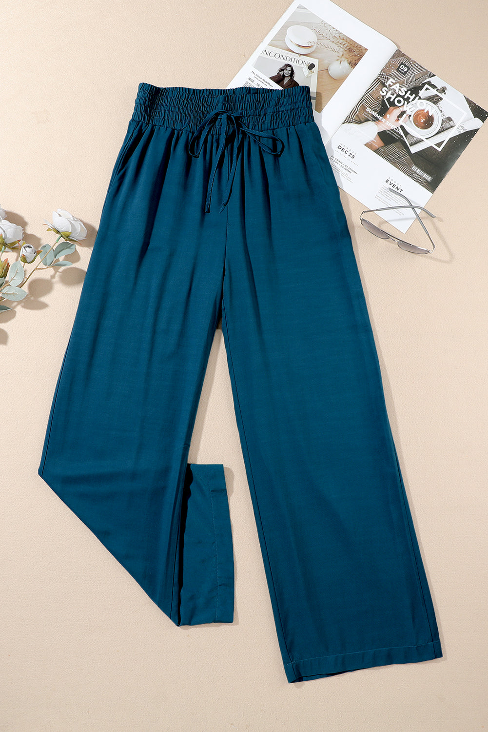 Pantalones anchos casuales con cintura elástica con cordón azul