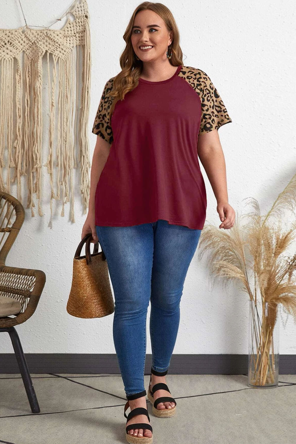 Borgogna Contrasto Leopard Raglan Sleeve T-shirt Plus size