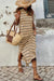 Long -free back dress with open back and khaki striped printed with slits