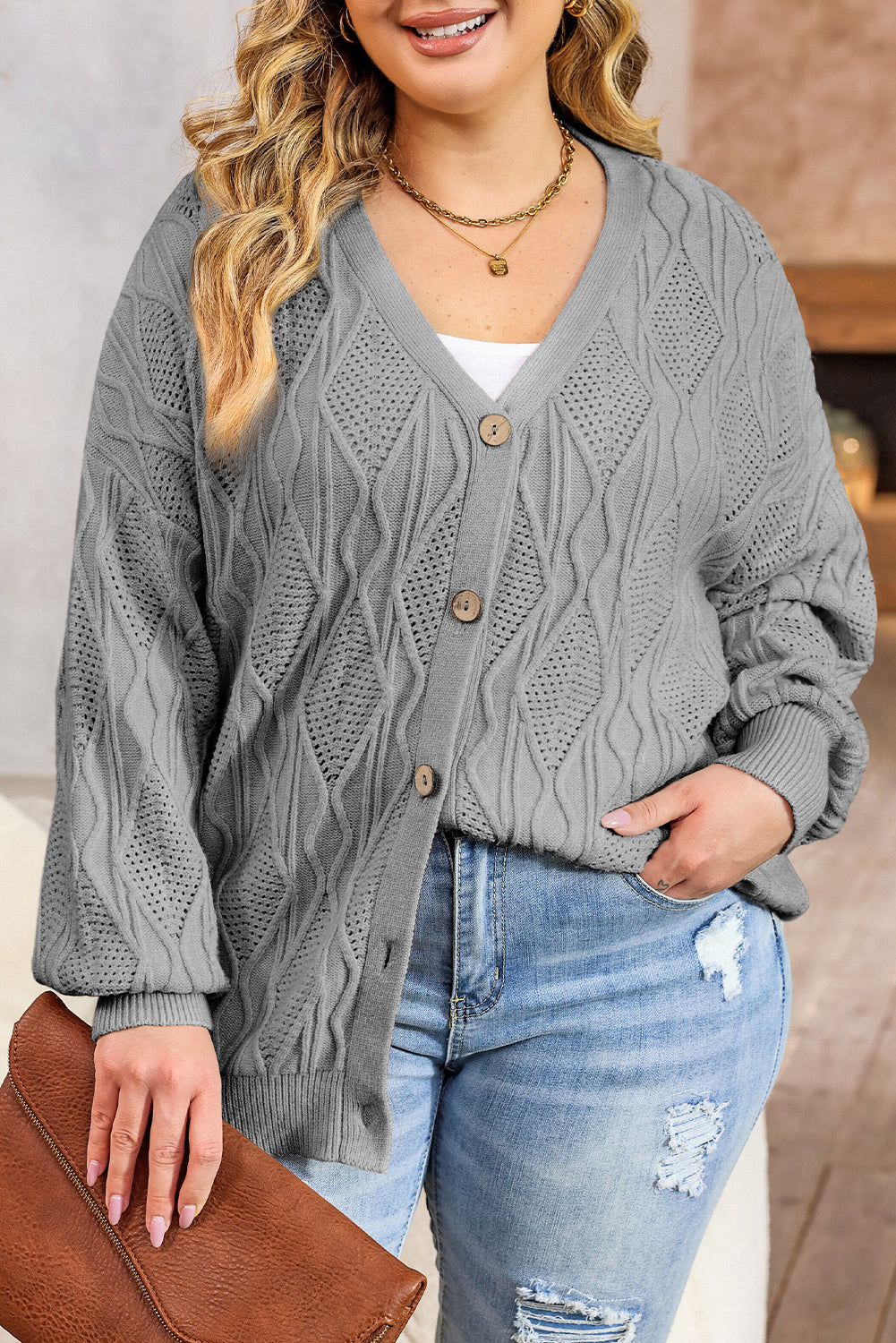 Grey Plus si taglia a maglia Hollow Out Button Up Cardigan