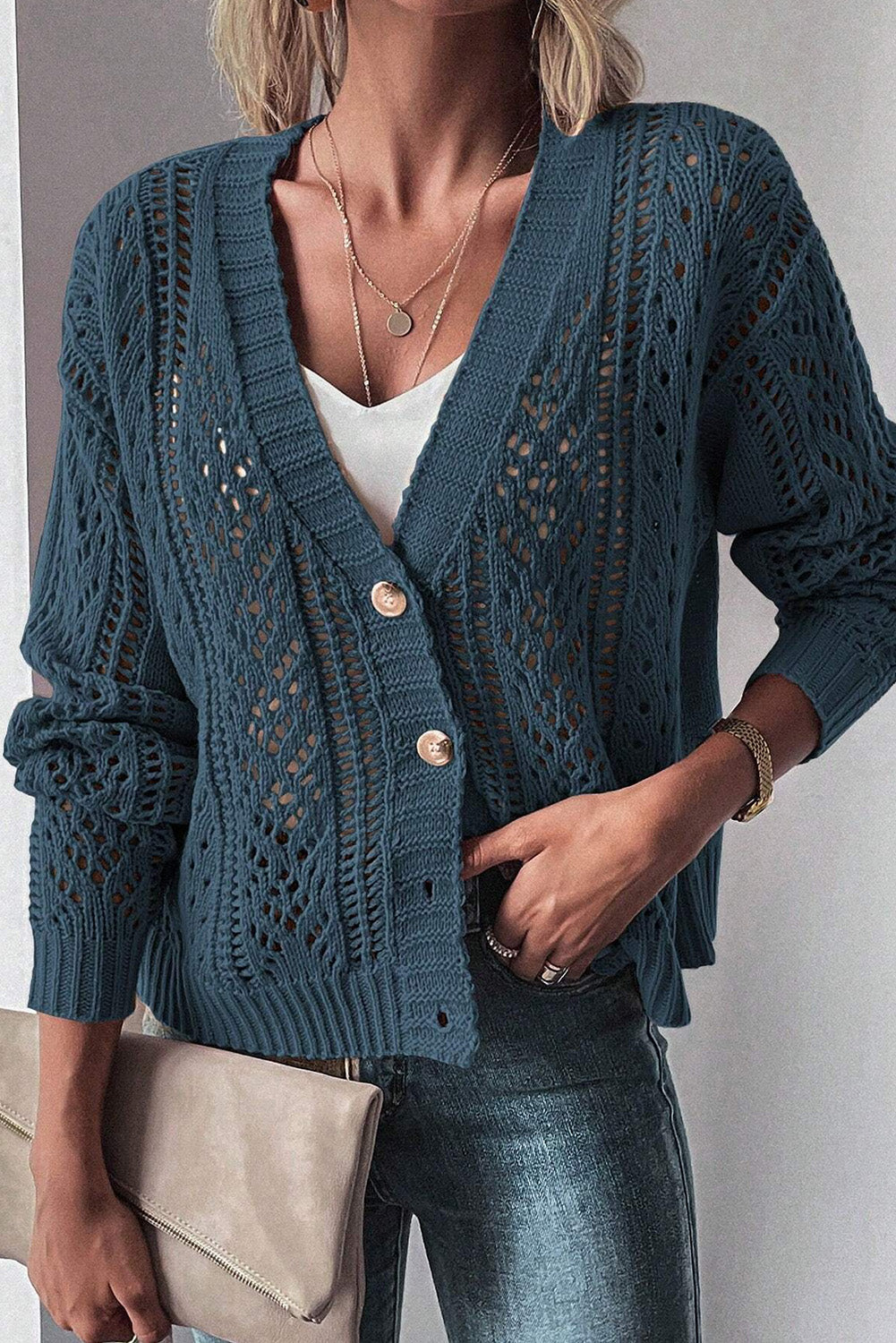 True Teal Open Knit Drop Shoulder Sweater Cardigan