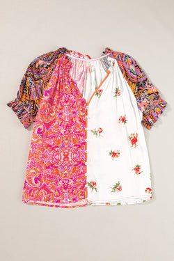 Multicolored blouse with short sleeves buttoned in bohemian floral patchwork