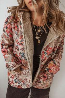 Chaqueta con capucha beige forrada en Sherpa Vintage Floral Print Paisley