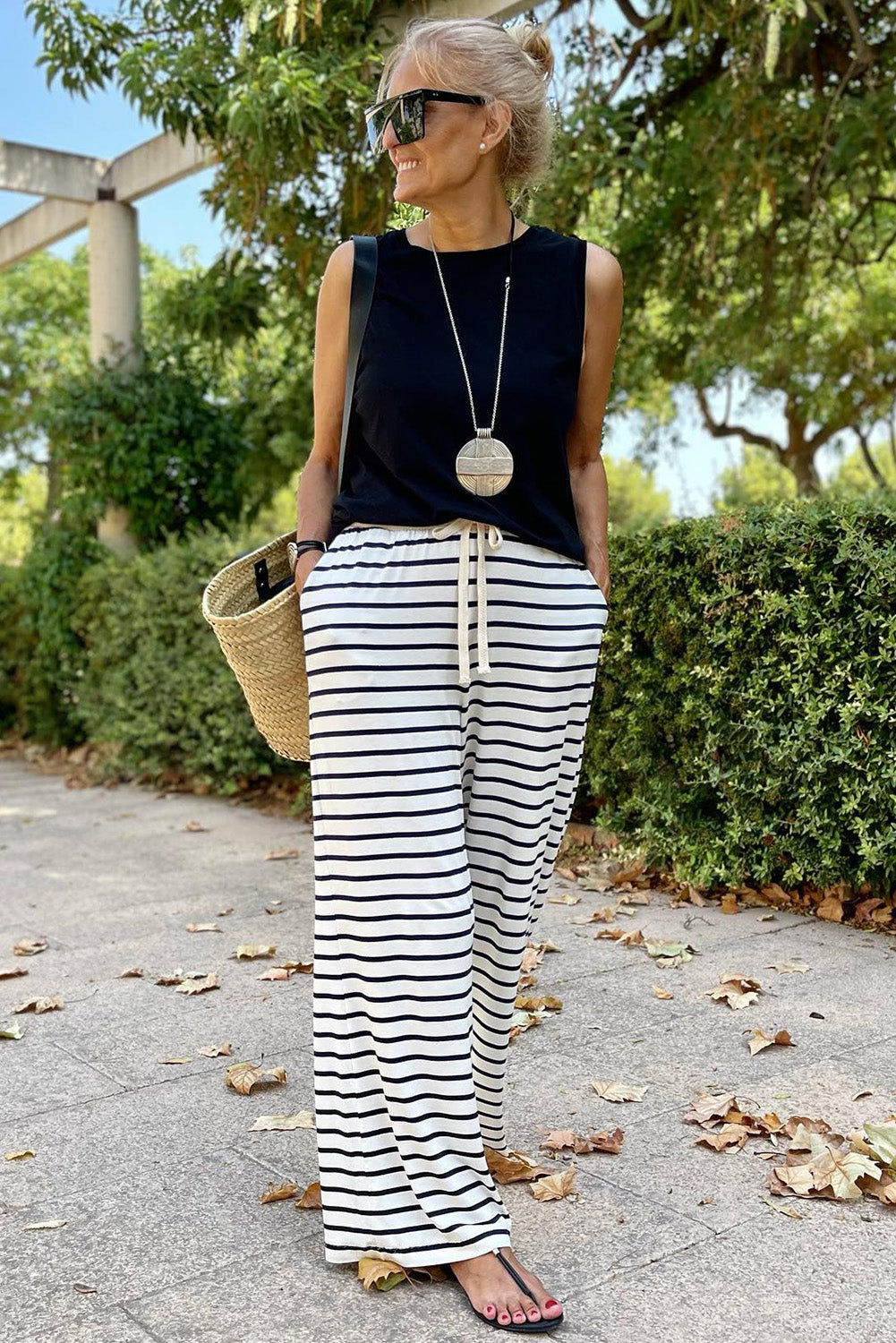 White striped wide leg pants with drawstring