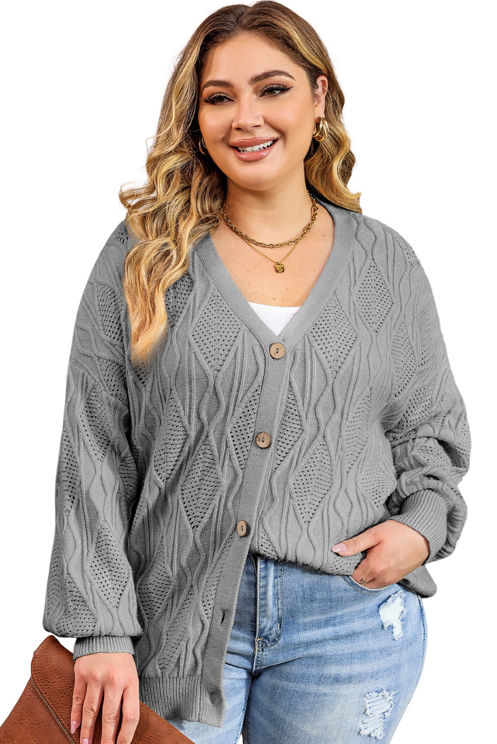 Grey Plus si taglia a maglia Hollow Out Button Up Cardigan