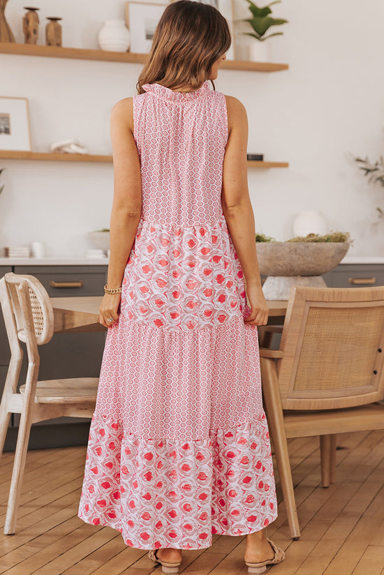 Long dress without sleeve with split and abstract pink print