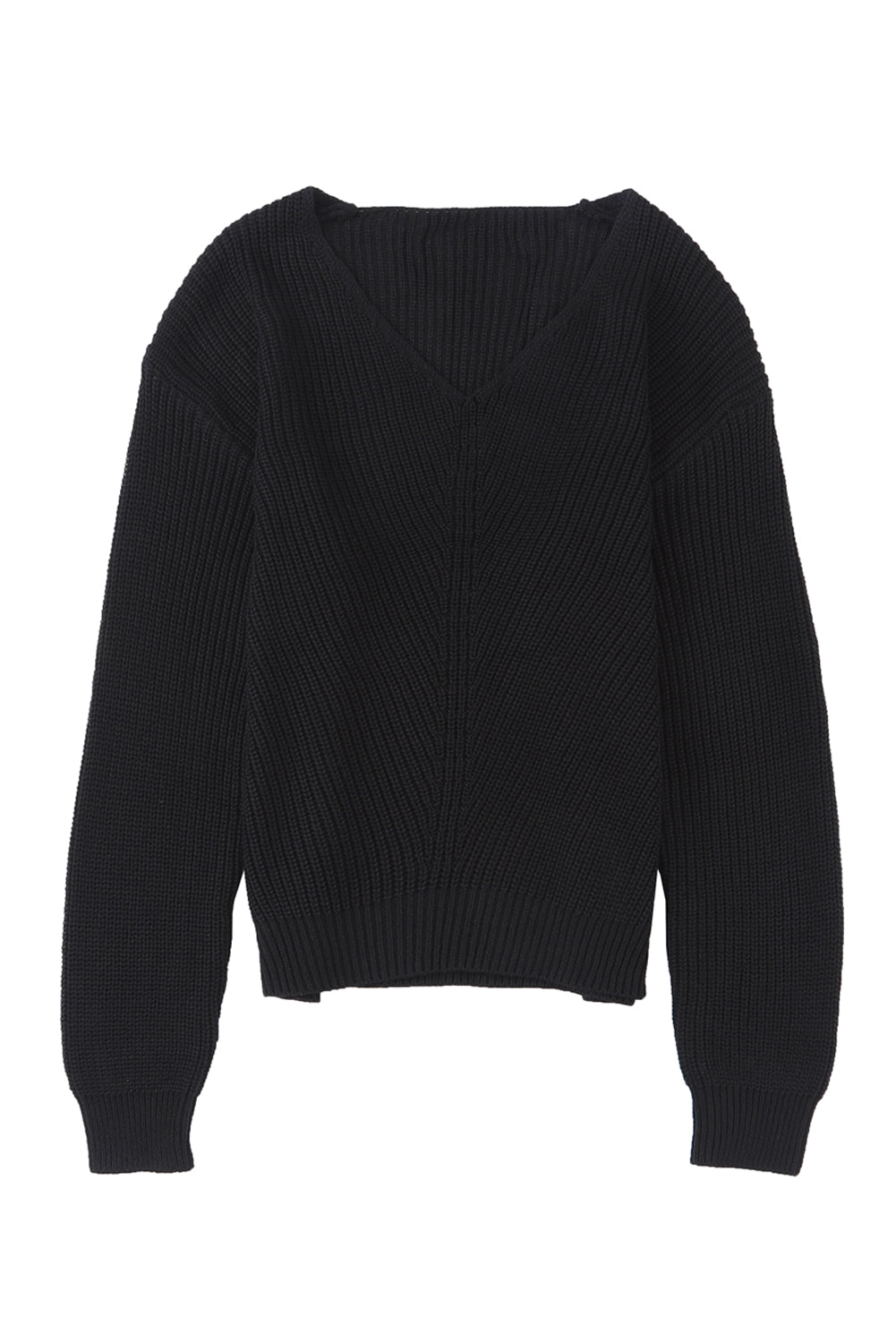 Pull noir en maille côtelée à col en V