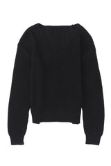 Pull noir en maille côtelée à col en V